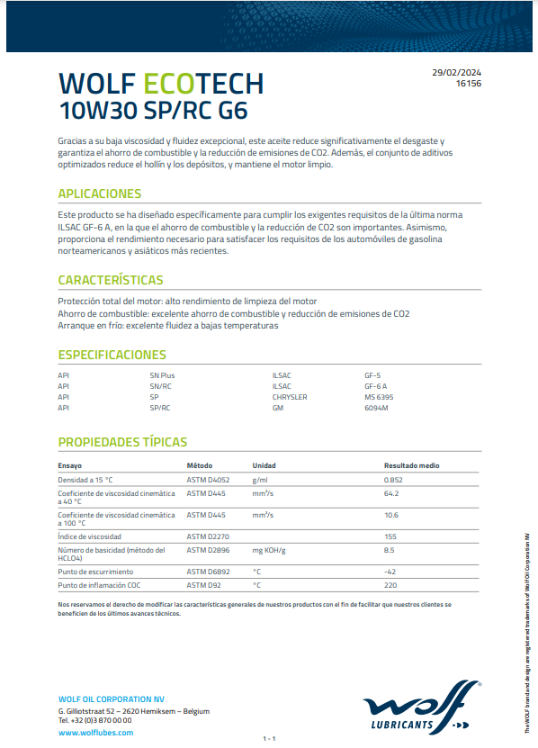 ACEITE TONEL WOLF 10W30 ECOTECH  API SP/RC/GF-